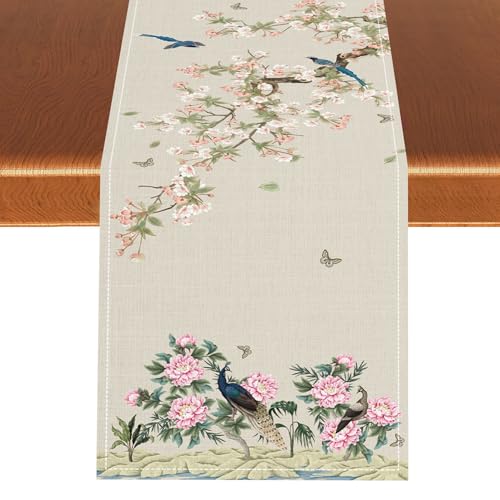 Chinoiserie Table Runner, Traditional Cherry Blossom Vintage Peacock Asian Oriental Floral Bird Table Runner for Coffee Table Home Party Kitchen Dining Table Wedding Party Decor, 13x36 inches - color: Tr-bird03, size: 13x36" Table Runner