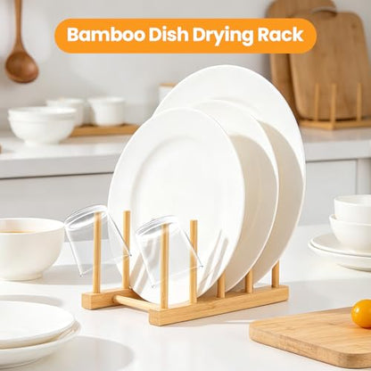 Bamboo Wooden Dish Rack-Plate Pot Lid Cutting Board Organizer Holder Rack | Kitchen Cabinet Organizer for Dish, Pots, Lids, Bowls, Bottles, Books, and Puzzle - color: Bamboo 4 Slots 1pcs