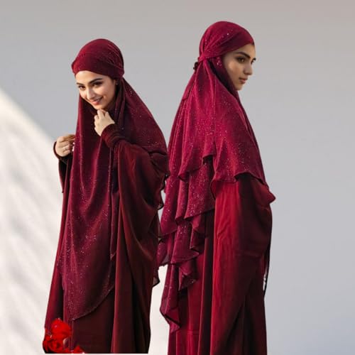 SIQITECHNO Womens Muslim Long Khimar Hijab Scarf Chiffon Sparkling Islamic Arabian Khimar Niqab Ramadan Eid Prayer Scarf Wrap - color: Maroon