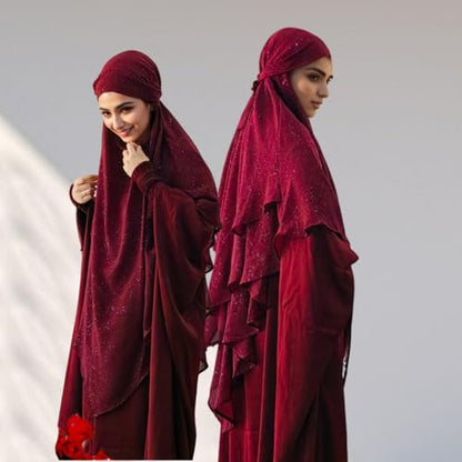 SIQITECHNO Womens Muslim Long Khimar Hijab Scarf Chiffon Sparkling Islamic Arabian Khimar Niqab Ramadan Eid Prayer Scarf Wrap - color: Maroon