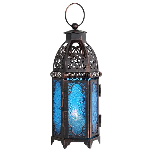 Christmas Lanterns Decorations Indoor & Outdoor, 11’’ Medium Size Vintage Metal Hanging&Tabletop Candle Holder Decor, Halloween Ramadan Decorations for Home Porch Patio(Blue) - color: Blue - 11''h, size: Medium