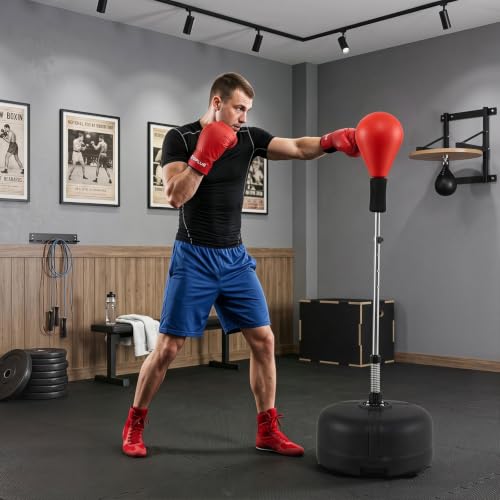 Goplus Punching Bag with Stand, 54.5"-62" Height Adjustable Speed Boxing Equipment with Gloves, Fillable Weighted Base, Fitness Reflex Bag for Teens Youth Adults Home Gym Workout MMA Training - color: Red
