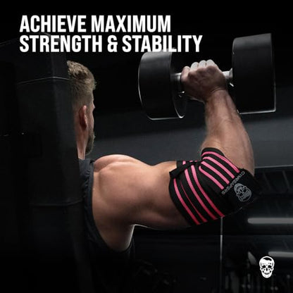 Gymreapers Weightlifting Elbow Wraps (1 Pair) - Flexible 40'' Elbow Compression Strap & Joint Support Brace - for Bench Press, Powerlifting, and Pressing - color: Pink
