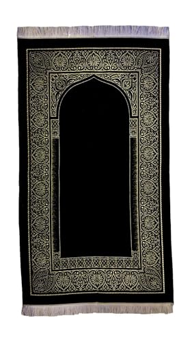 Luxury Islamic Prayer Mat - Elegant Woven Janamaz Rug with Traditional Anatolian Motif and Tassels - Premium Soft Muslim Prayer Carpet for Namaz, Thick Sajadah, Eid & Ramadan Gift (Black) - color: Black