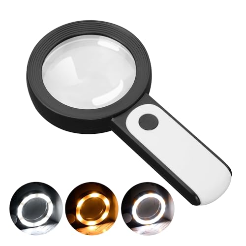 JMH Magnifying Glass with Light, Handheld Large Magnifying Glass 18LED Cold and Warm Light with 3 Modes, Illuminated Lighted Magnifier for Seniors Reading, Coins, Jewelry - color: Black