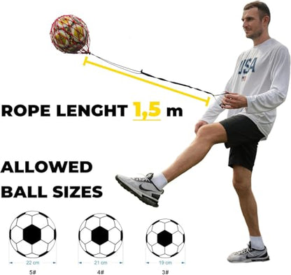 PodiuMax Handle Solo Soccer Kick Trainer with New Ball Locked Net Design, Soccer Ball Bungee Elastic Training Juggling Net (Fits Ball Size 3, 4, 5) - color: Red