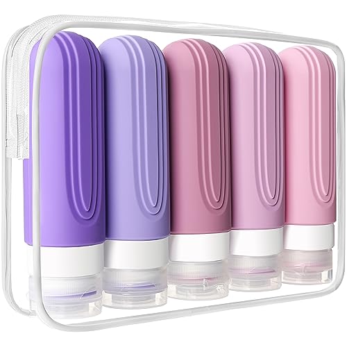 Travel Bottles for Toiletries, 5 Pack TSA Approved Travel Size Containers, 3oz Leak Proof Refillable Travel Accessories for Shampoo Conditioner, BPA Free Travel Bottles with Toiletry Bag - color: Purple