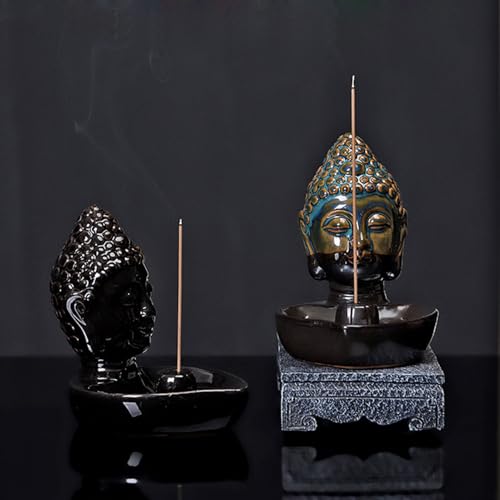 Buddha Head Incense Holder for Sticks, Small Ceramic Incense Burner Healing, Meditaiong, Zen, Timer of Spa or Yoga, with Ash Catcher (Blue) - color: Blue