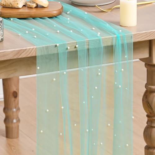 Artoid Mode Pearl Turquoise Gauze Table Runner 10FT Home Decor - color: Turquoise, size: 28" x 120"