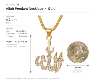Allah Necklace for Men, Gold Muslim Pendant 22 inch Chain Gift - color: gold plated