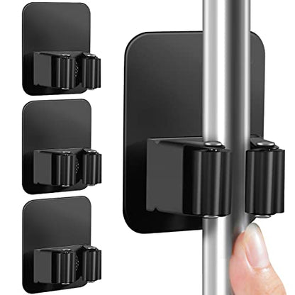 4 Pack Broom Holder Wall Mount, Improved Super Anti-Slip Mop and Broom Holder Wall Mount, Broom Hanger Gripper for Kitchen, Bathroom, Closet, Garden Garage, Black