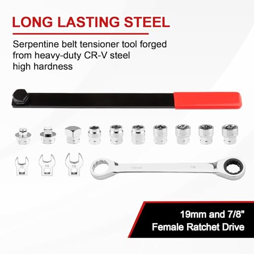 15PCS Serpentine Belt Tool Kit for Belt Removal & Installation | Professional Serpentine Belt Tensioner Tool Kit with Ratcheting Wrench, 13-19mm Sockets, Crowfoot Wrenches, CR-V Steel