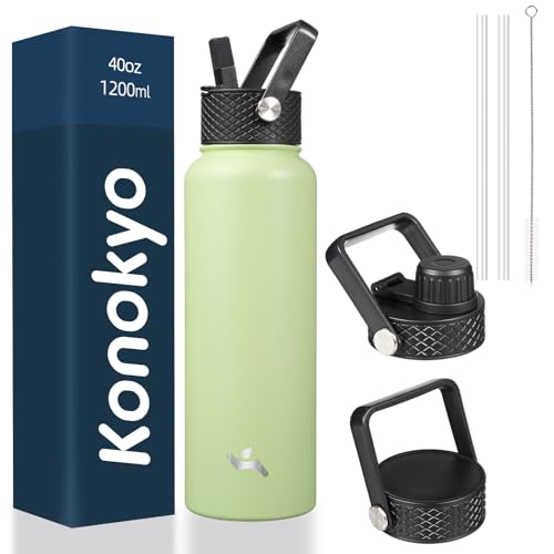 Konokyo 40oz Insulated Water Bottle Stainless Steel Sport Bottles with 3 Lids,Macaron Green - color: Macaron Green, size: 40 Ounces