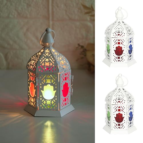 2 Pack Moroccan Style Candle Lantern, Small Tealight Candle Holder with Transparent Flower Glass Panels, Hanging Lantern Outdoor for Ramadan, Decorative Metal Lamp for Patio, Weddings 6.5inch（White） - color: Whtie