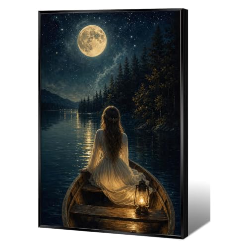 Full Moon Starry Lake Canvas Wall Print Woman White Dress Wooden Boat Vintage Lantern Forest Mountain Serene Night Landscape Wall Decor - color: Nature13, size: 8x12in Black Framed
