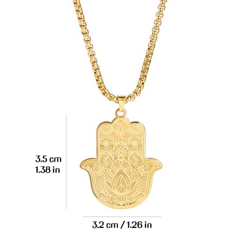 Gold Hamsa Hand Necklace for Men & Women, Stainless Steel Hand of Fatima Pendant, Spiritual Protection Amulet on a Box Chain