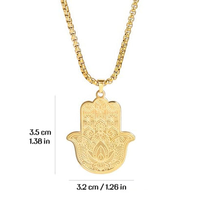 Gold Hamsa Hand Necklace for Men & Women, Stainless Steel Hand of Fatima Pendant, Spiritual Protection Amulet on a Box Chain