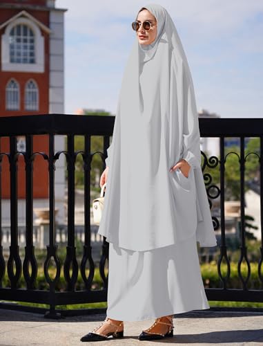 Abayas for Women Muslim Chiffon Prayer Burqa Dress Burkas for Women Muslim Hijab Dress Full Length Islamic Veil Abaya Set - color: Light Gray