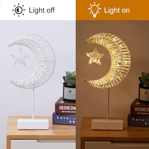 Lewondr Decorative Table Lamp, Christmas Moon Star Ramadan Desk Lamp Battery Powered Warm LED Crescent Light for Xmas Home Bedroom Bedside Desktop Nightstand Decoration, White - style: Moon + Star