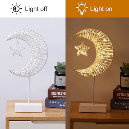 Lewondr Decorative Table Lamp, Christmas Moon Star Ramadan Desk Lamp Battery Powered Warm LED Crescent Light for Xmas Home Bedroom Bedside Desktop Nightstand Decoration, White - style: Moon + Star