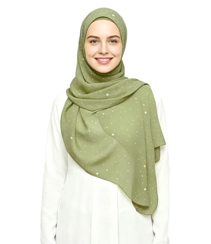 Lina & Lily Sparkle Shimmer Gold Glitter Women's Chiffon Hijab Head Scarf Shawl Wrap Lightweight - color: Light Olive