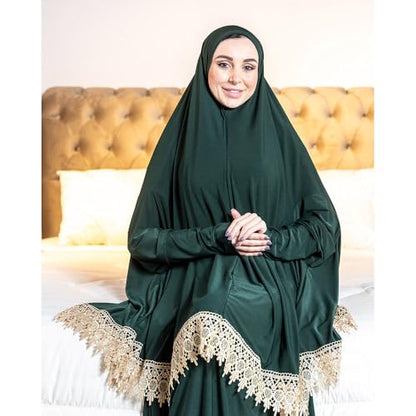 Women's Prayer Dress 2 Pieces Solid Color Plus Long Sleeve | One-Size | Hijab Abaya Suit - color: Dark Green
