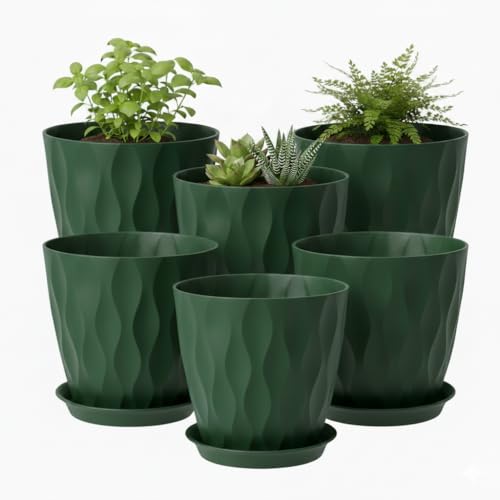 8 Inch Plastic Plant Pots for Plants with Drainage Holes and Saucer, 6 Pack | Planter for Indoor/Outdoor Plants, Modern Decorative Flower Pots for Home, Garden - color: Deep Green