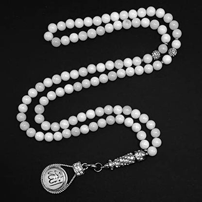 Special Prayer Beads Series -99 beads- Tesbih Tasbih Tasbeeh Misbaha Masbaha Subha Sebha Sibha (White Jade Stone -8 mm 99 Beads- & Zircon Stone Design) - color: White Jade Stone -8 mm 99 Beads- & Zircon Stone Design