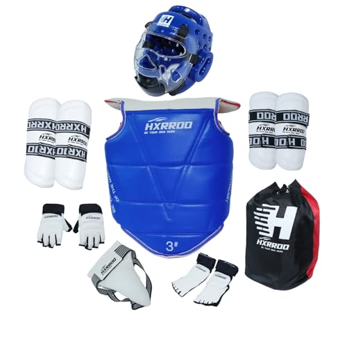 Taekwondo Sparring Gear Set, Head Gear Chest Guard Arm Shin Guard Groin Protective Gear Set for Children Teen Adult - color: blue, size: 5#