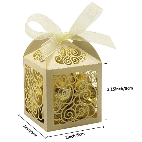 KPOSIYA 100 Pack Wedding Favor Boxes Laser Cut Boxes Party Favor Box Small Gift Boxes Lace Candy Boxes for Wedding Bridal Shower Baby Shower Birthday Party Anniverary with Ribbons (Beige, 100) - color: Beige 100