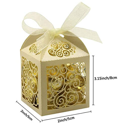 KPOSIYA 100 Pack Wedding Favor Boxes Laser Cut Boxes Party Favor Box Small Gift Boxes Lace Candy Boxes for Wedding Bridal Shower Baby Shower Birthday Party Anniverary with Ribbons (Beige, 100) - color: Beige 100