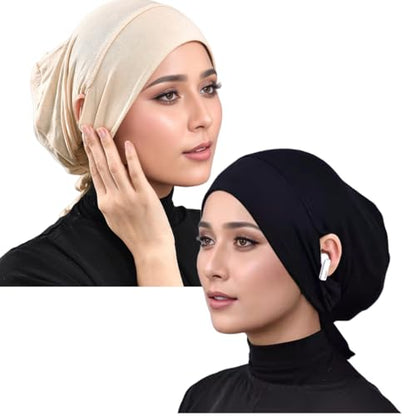Muslim Under Scarf Tube Inner Cap for Women Islamic Turban Wrap Hijab Undercap Bonnet with Ear Hole - color: Black Beige 2