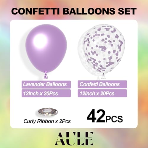 AULE Party Balloons Pack of 42 - Metallic Lavender Balloons and Confetti Latex Helium Balloons With 64ft Ribbons - 12 Inch Lilac Chrome Balloon Decoration Set - color: Lavender