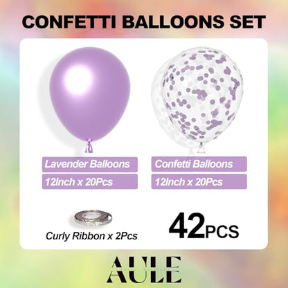 AULE Party Balloons Pack of 42 - Metallic Lavender Balloons and Confetti Latex Helium Balloons With 64ft Ribbons - 12 Inch Lilac Chrome Balloon Decoration Set - color: Lavender