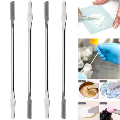 Heyous 4PCS 150mm/5.9inch Laboratory Miniature Dual Head Spatula Semi Miniature Spatula Tapered Arrow Flat Head Silver Stainless Steel Miniature Dual Head Spatula Suitable for Science Lab and Craft
