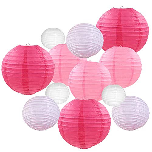 Pink Paper Lanterns 12 Pcs Assorted size of 6" 8" 10" 12" Chinese Round Paper Hanging Decorations Ball Lanterns Lamps for Home Decorations, Parties, and Weddings - color: Pink