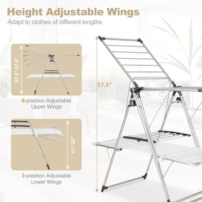 Tangkula Foldable Clothes Drying Rack, 2-Tier Laundry Drying Rack w/Tall Hanging Bar, Height Adjustable Gullwing, Freestanding Garment Stand for Indoor Outdoor Use - size: 54" x 25" x 72"