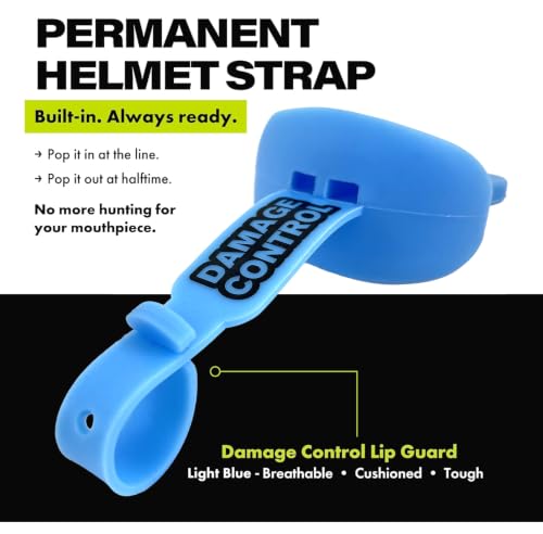 DAMAGE CONTROL Mouthguard with Permanent Helmet Strap, Youth Mouth Guard to Protect Lips & Teeth, No Boiling Pacifier, Breathable Binky Mouthpiece, Football Mouthpiece, Works with Braces (Light Blue) - color: Light Blue