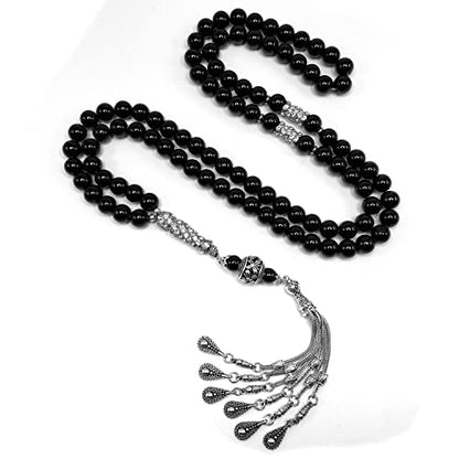 Special Prayer Beads Series -99 beads- Tesbih Tasbih Tasbeeh Misbaha Masbaha Subha Sebha Sibha (Black Glass -10 mm 99 Big Beads- & Zircon Stone Design) - color: Black Glass -10 mm 99 Big Beads- & Zircon Stone Design
