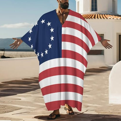 Betsy Ross Flag U.S.A Men's Kaftan Thobe V-Neck Long Gown Loose Robe - size: Medium