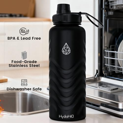 32oz Stainless Steel Insulated Water Bottle, 48H Cold & 24H Hot, Leak-Proof Wide Mouth Lids (Straw & Spout), BPA-Free Bottles, Mens Water Bottle for Gym, Hiking, Travel - Black - color: Black, size: 32 Ounces