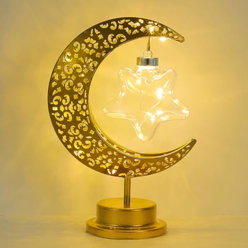Lewondr Decorative Moon Star Table Lamp, Battery Operated Desk Warm Light | Ramadan Eid Mubarak Festival Decoration, Cordless Metal Crescent Star Lantern Light for Bedroom Nightstand, Desktop & Holiday - style: Star Moon