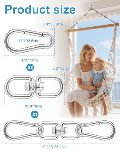 Swing Swivel, Heavy Duty 304-Stainless Steel Swivel Ring, Double Ended Eye Hook with Snap Hooks, Rotating Carabiner Swing Spinner Hanger for Web Tree (Silver, M8 x 1Pack) - color: Silver