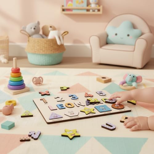 Puzzles for Toddlers Boy and Girl, Personalized Name Puzzle, 12 Month Toy, Gifts for 0 1 2 3 Years Old, Baby Gifts, Baby Shower, Christmas, NewBaby Gift, 0 3 6 9 12 18 24 36 Months - Set 6 - style: Shapes Numbers - 10 Figures