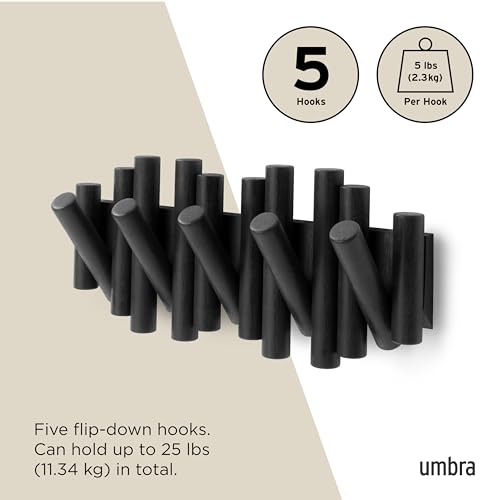 Umbra Picket Coat Rack, Wall Mount 5 Flip-Down Coat Hooks, Black - color: Black, size: 5-Hook