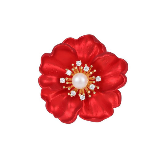 14K Gold Peony Flower Brooch with Freshwater Pearls - Elegant Red Rose Inspired Pin, Ideal for Formal & Bridal Wear, Unique Gift for Her - color: red