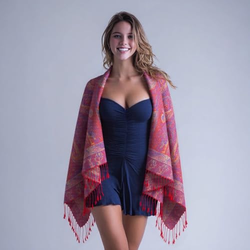 TUSHUSTY Pashmina Feel Shawls Wraps Rave Scarf for Women Soft Silky Reversible Men Scarves Hijab - color: Red Purple Yellow