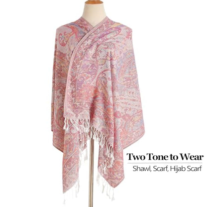 Paisley Pashmina Rave Shawl Scarf-Women's Reversible Ethnic Jacquard Pashmina Wraps for Travel - color: A#.pink White