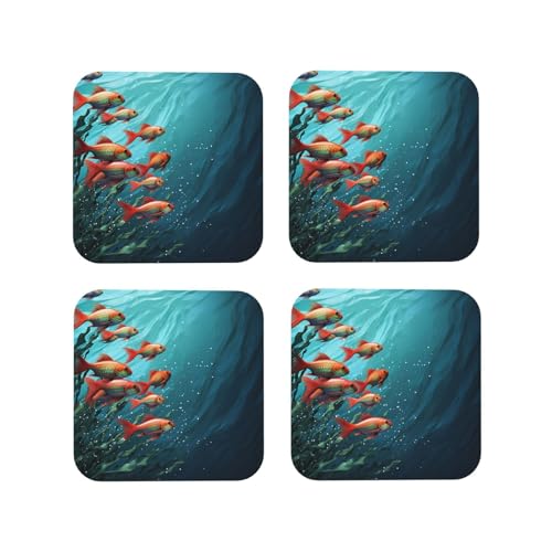Drink Coasters Set of 4 Leather Coasters for Drinks Fish Aquarium Round Cup Mat Pad Easy Clean Bar Coasters Heat Resistant Funny Cup Coasters for Tabletop Protection,4 Inches - color: Square