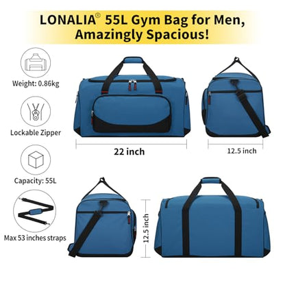 55L Large Duffle Bag for Men, 22 inch, Blue | Heavy Duty, Gym Duffel Bag, Multi Pockets, Spacious - color: Royal Blue